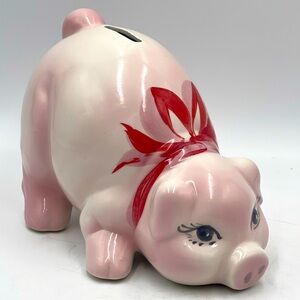 LARRY S.K.G.: Hand Painted Ceramic Pink & White Girl Piggy Bank Made in Italy